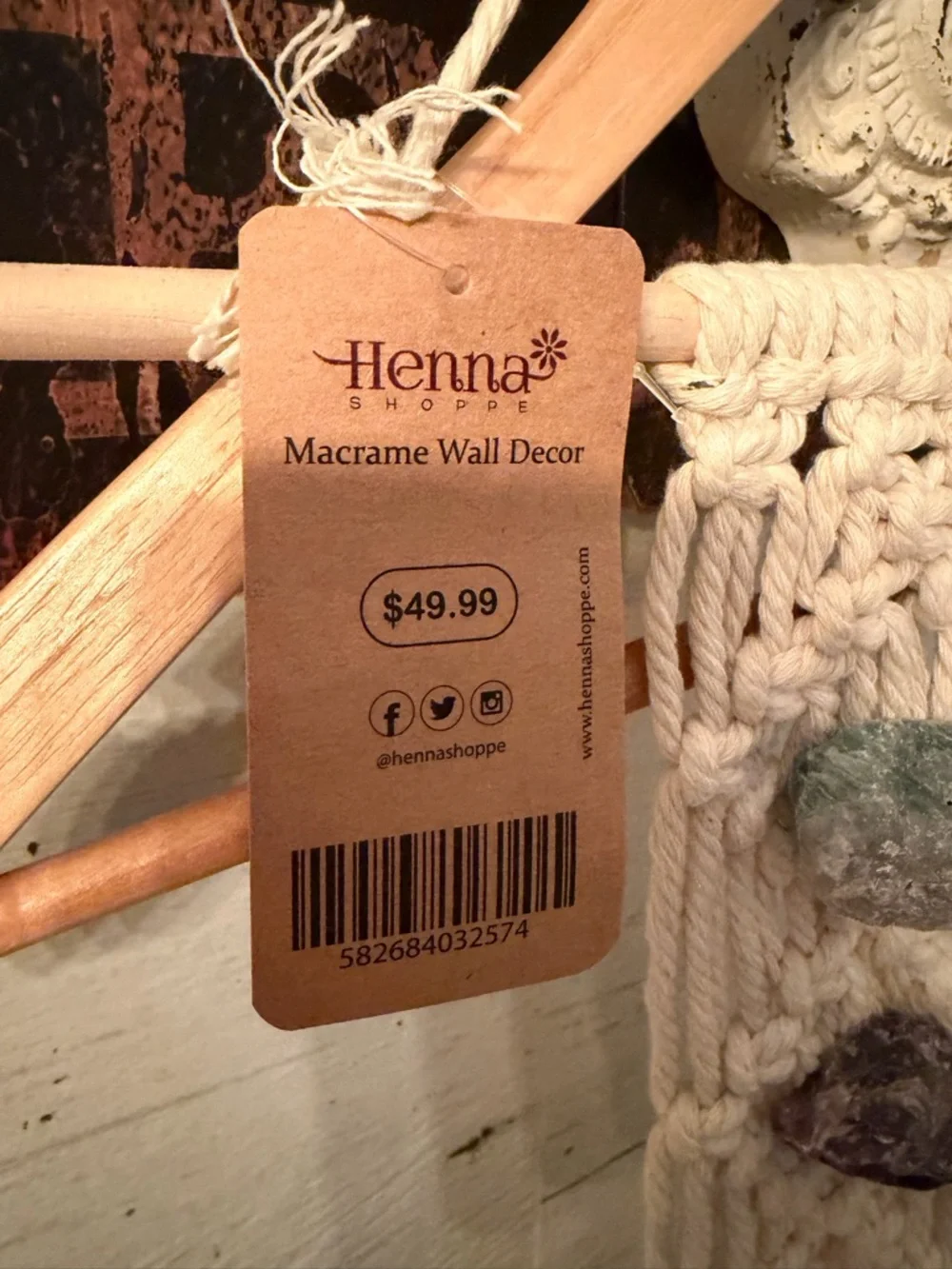 Henna Handmade Hanging Cream Macramé Tapestry with Chakra Stone Accents